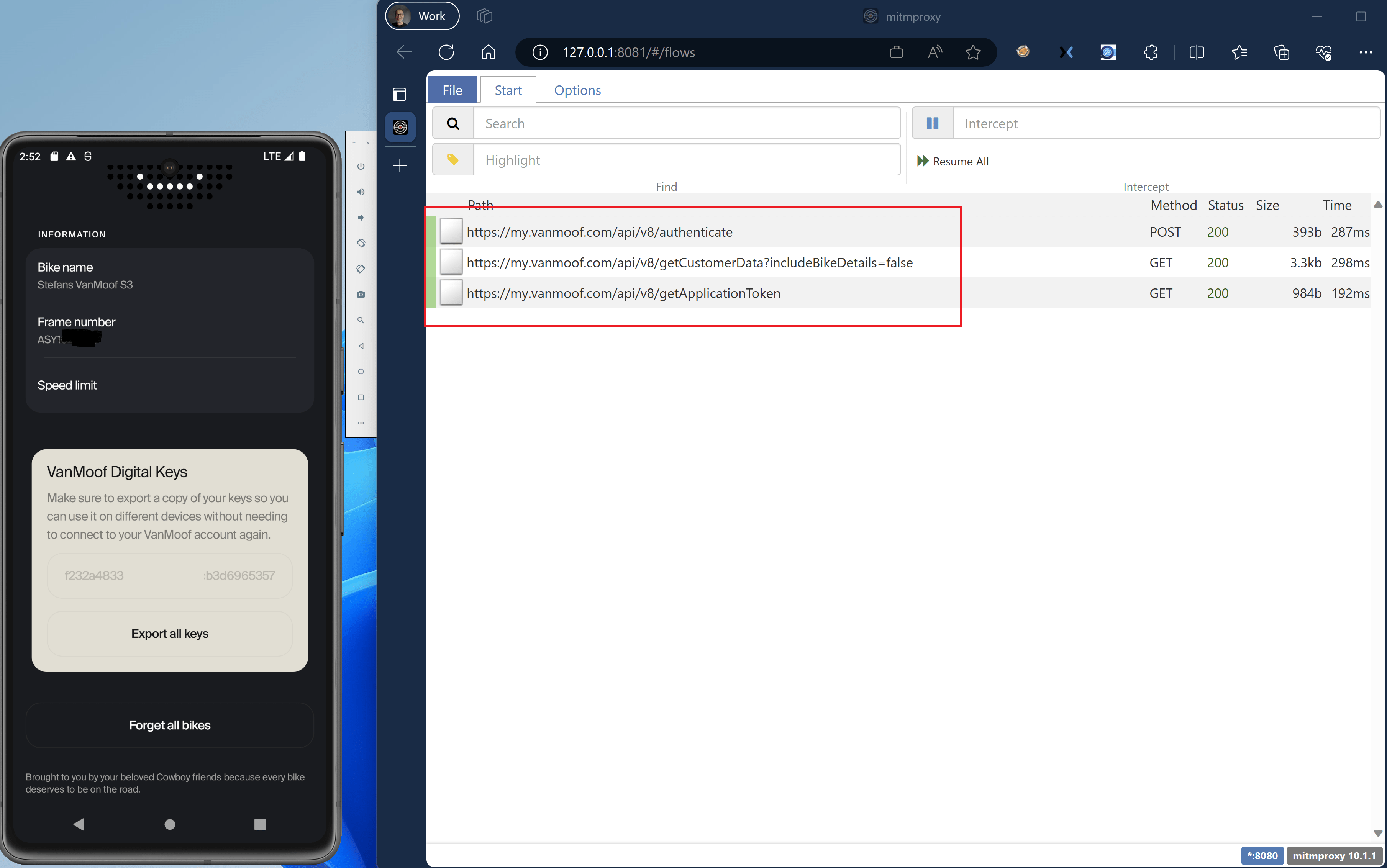 Screenshot of both the emulated Android Device running the Bikey Android App and the edge browser running the mitmproxy with the https calls being made via the mitmproxy