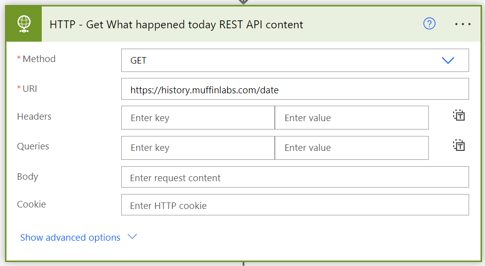 HTTP - Get What happened today REST API Action
