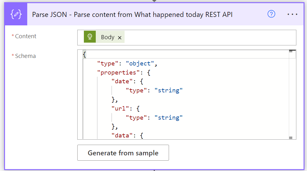 Parse JSON - Parse content from What happened today REST API action