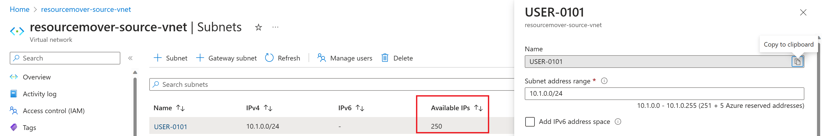 Screenshot of Azure Portal showing the number of available IP addresses for a Virtual Network Subnet
