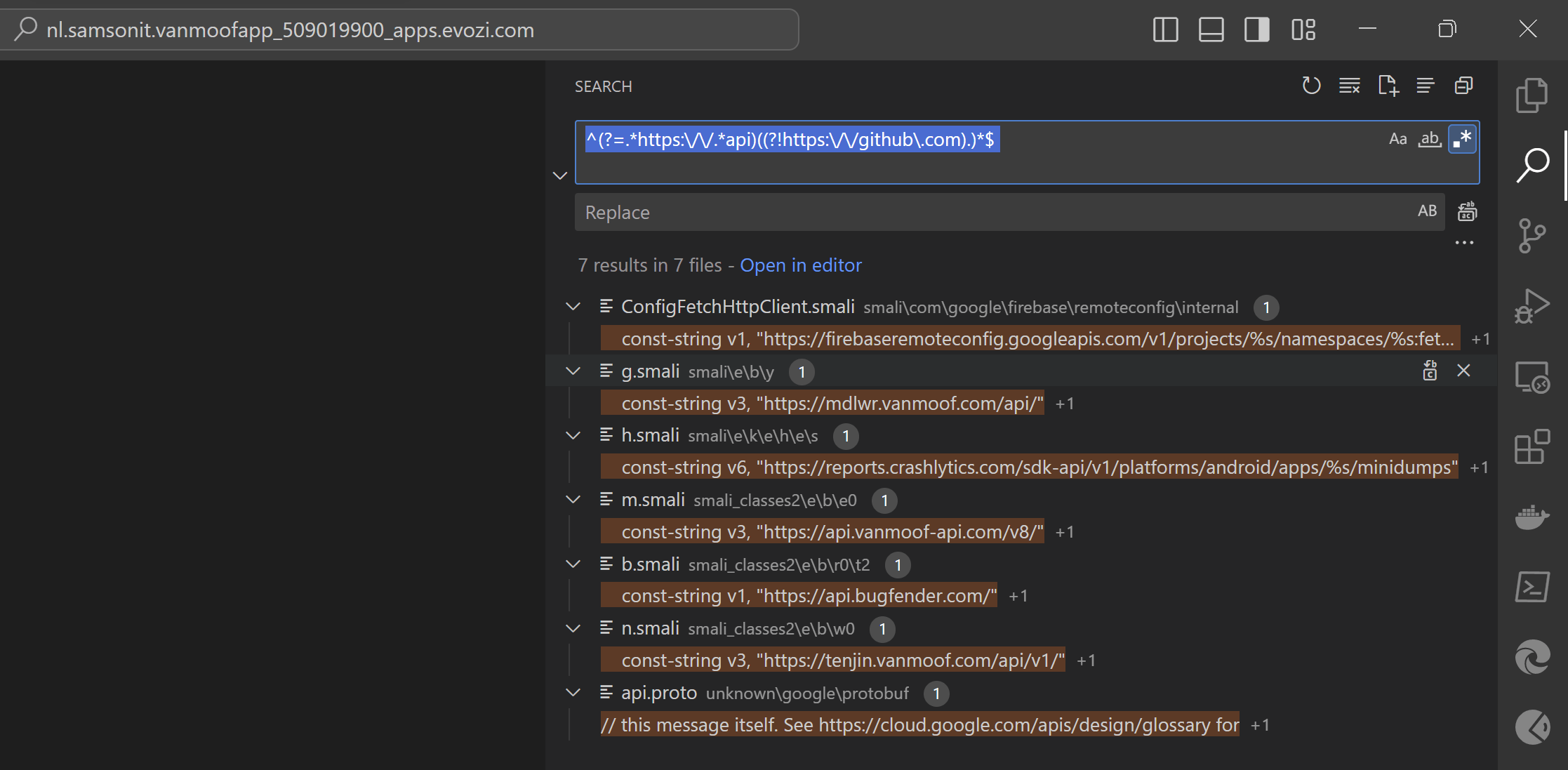 Screenshot of Visual Studio Code with a regex search query