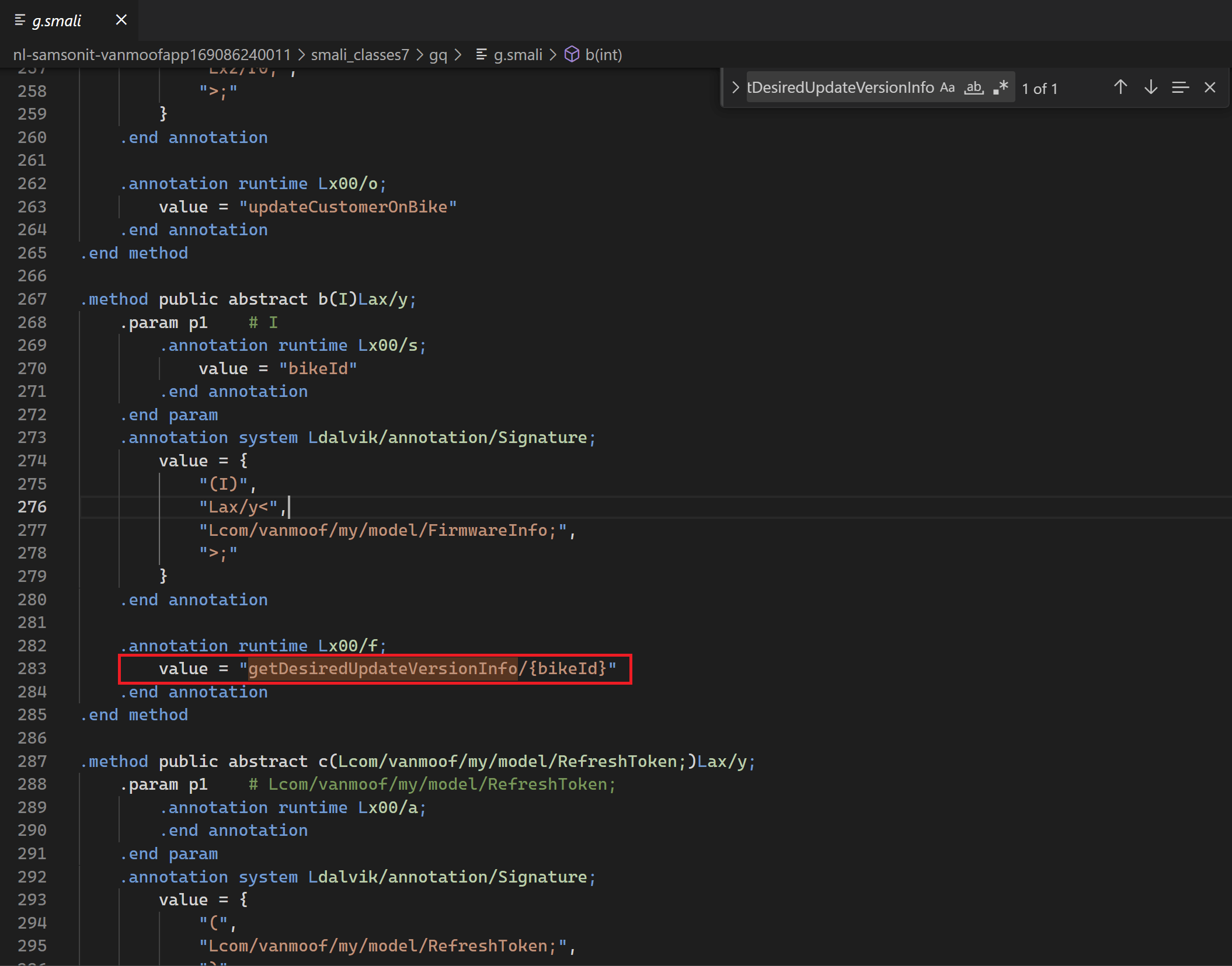 Screenshot of an Android smali file in visual studio code with a red box on a text string with getdesiredUpdateversionInfo with bikeId