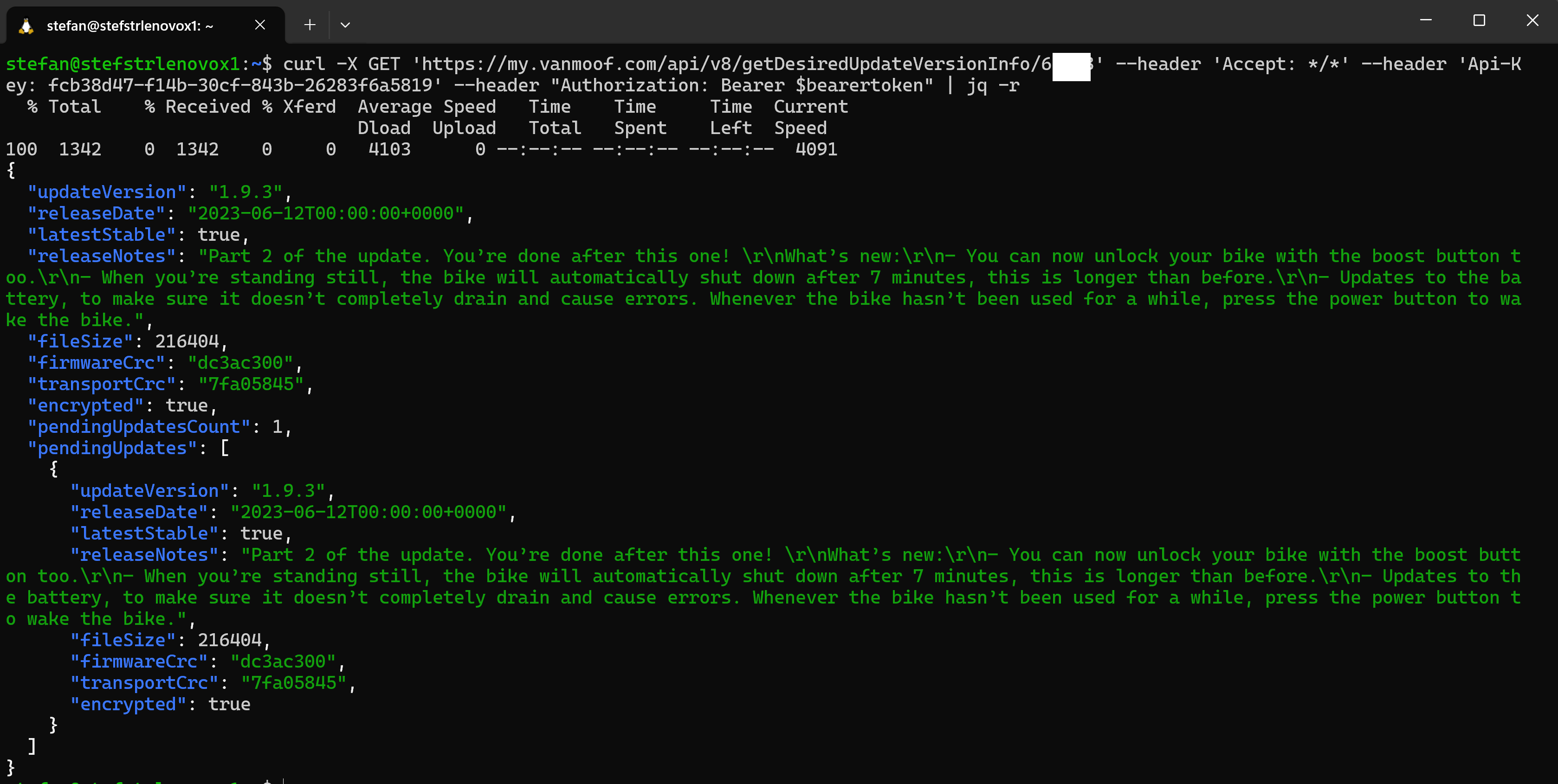 Screenshot of terminal with curl command to retrieve desired update version info from the vanMoof REST API