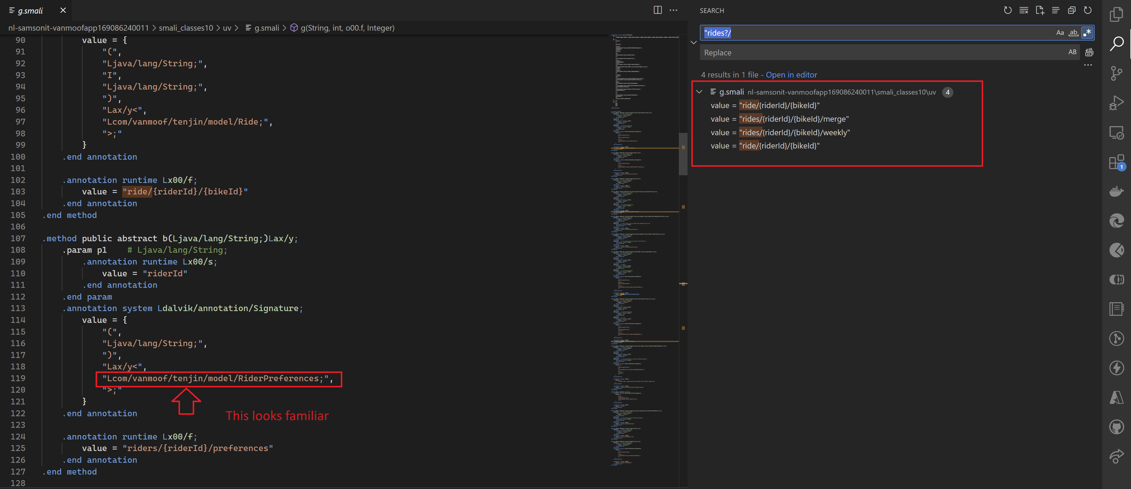 Screenshot of regex search results in Visual Studio Code