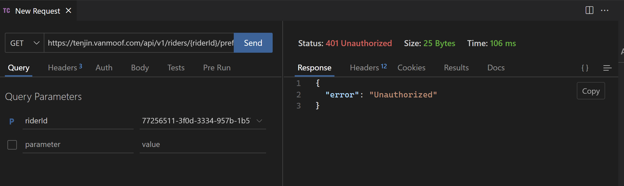 Screenshot if REST API call in Visual Studio Code using the Thunder Client extension with an error message with value Unauthorized