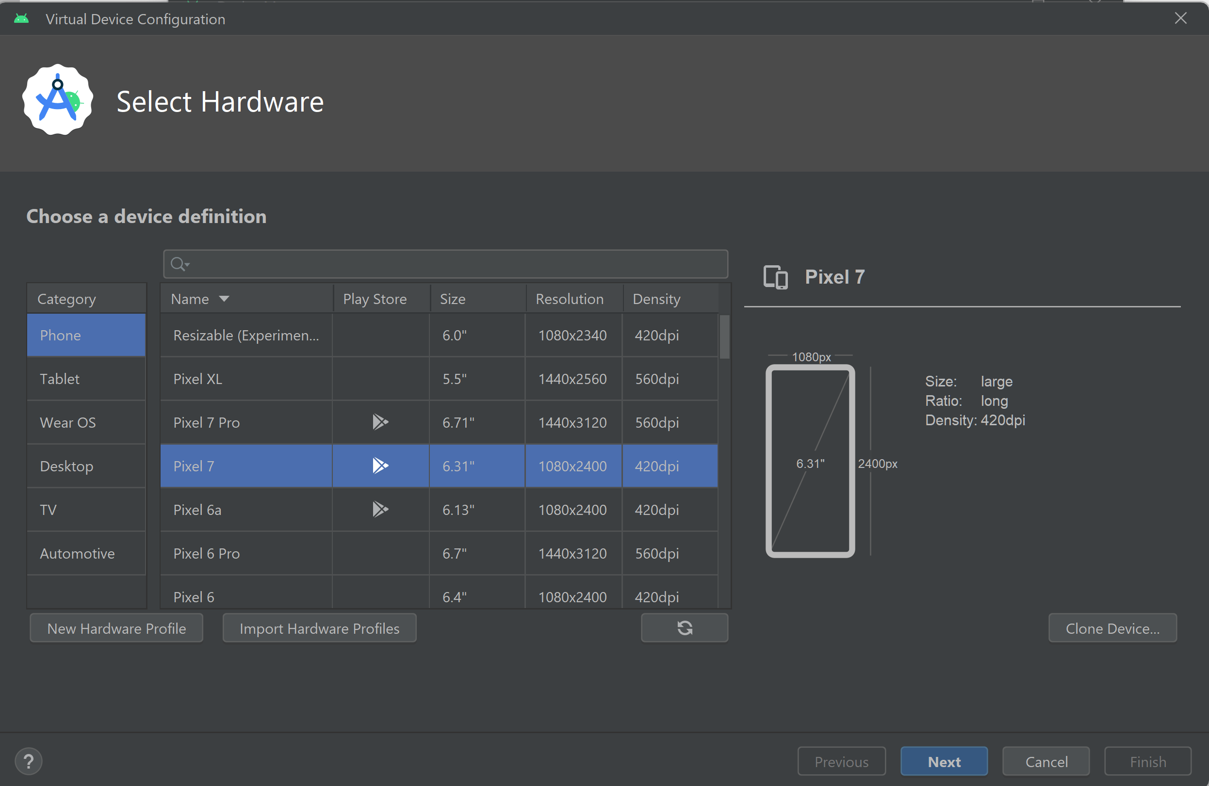 Screenshot of Android Studio with the start of creating a Virtual Device Configuration selecting the Pixel 7 as hardware