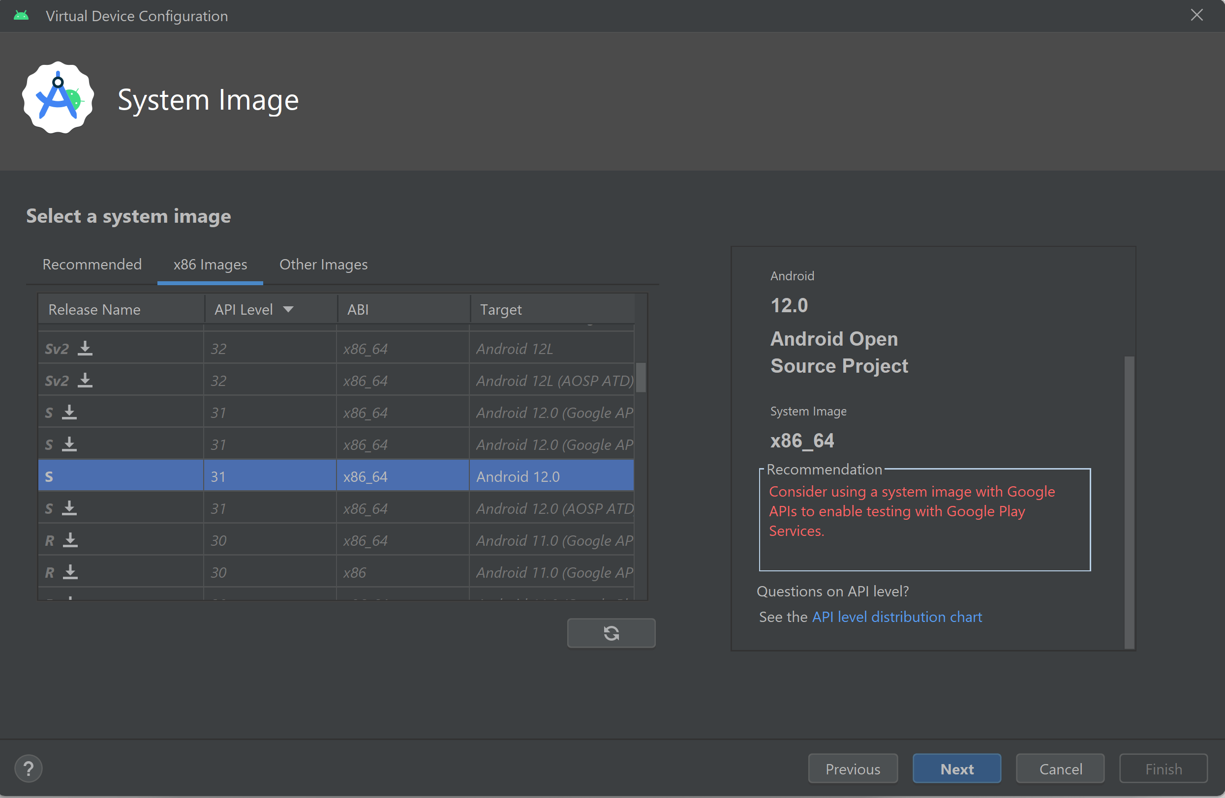 Screenshot of Android Studio with the start of creating a Virtual Device Configuration selecting the System Image for the Android Virtual Device