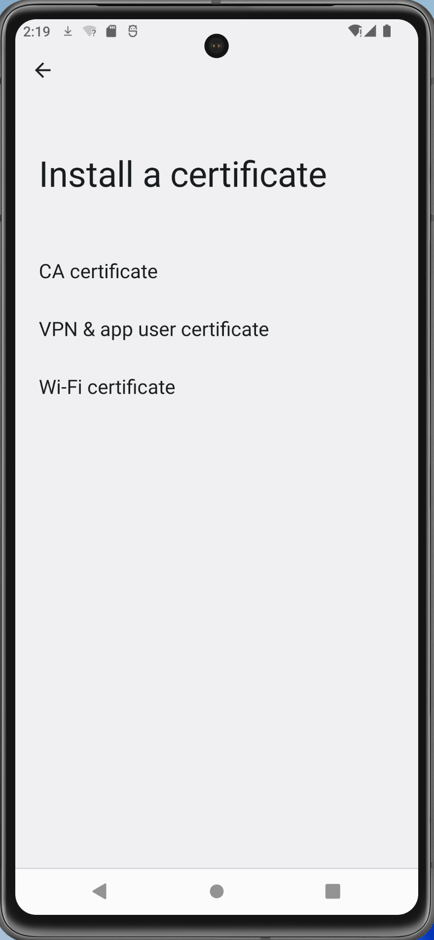 Android Virtual Device screenshot with the first step to install a certificate