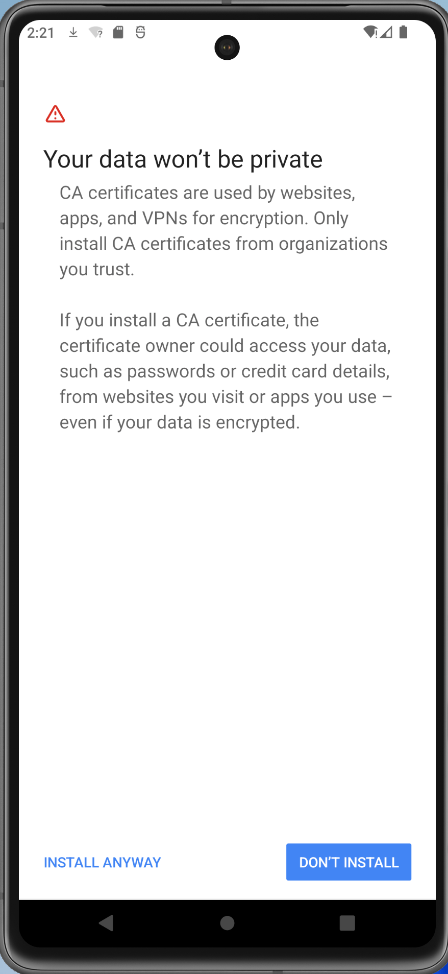 Android Virtual Device screenshot with the second step to install a certificate