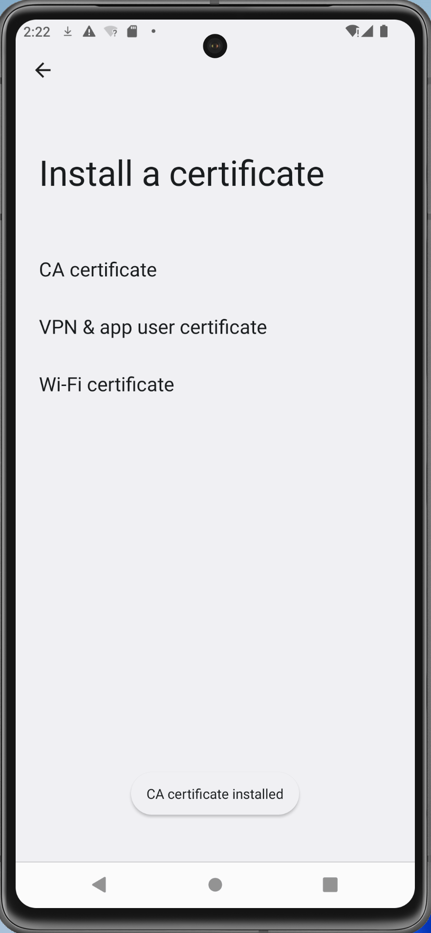 Android Virtual Device screenshot with the final step to install a certificate