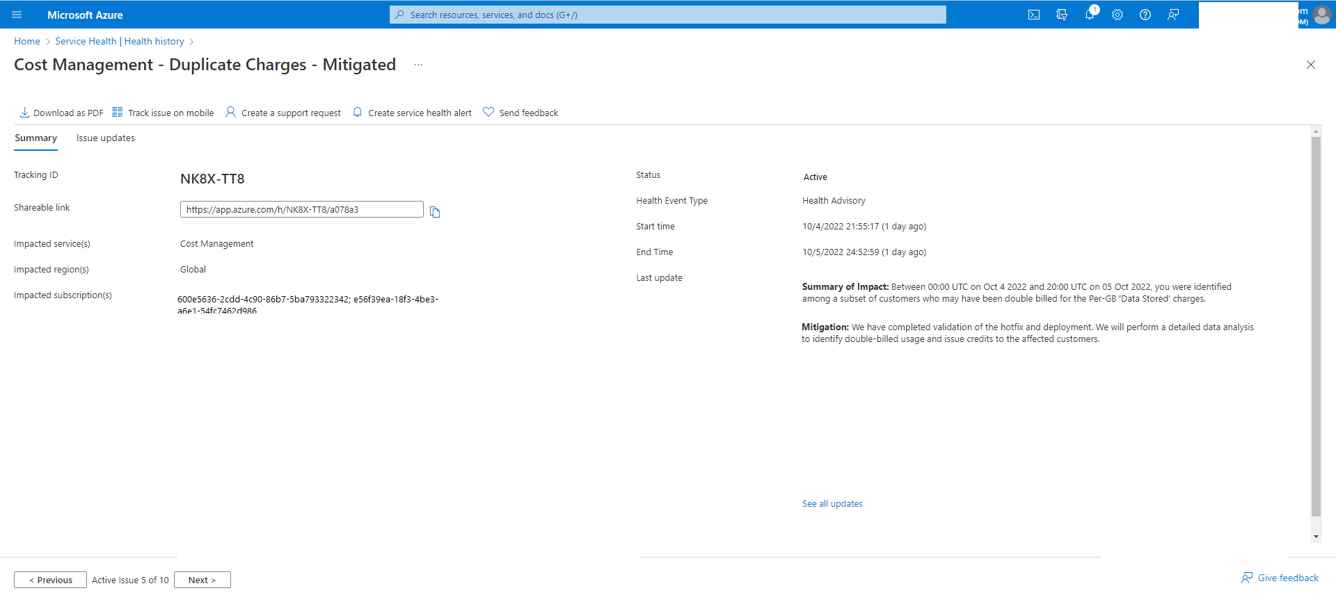 Screenshot of Azure Service Health Issue in Azure Portal