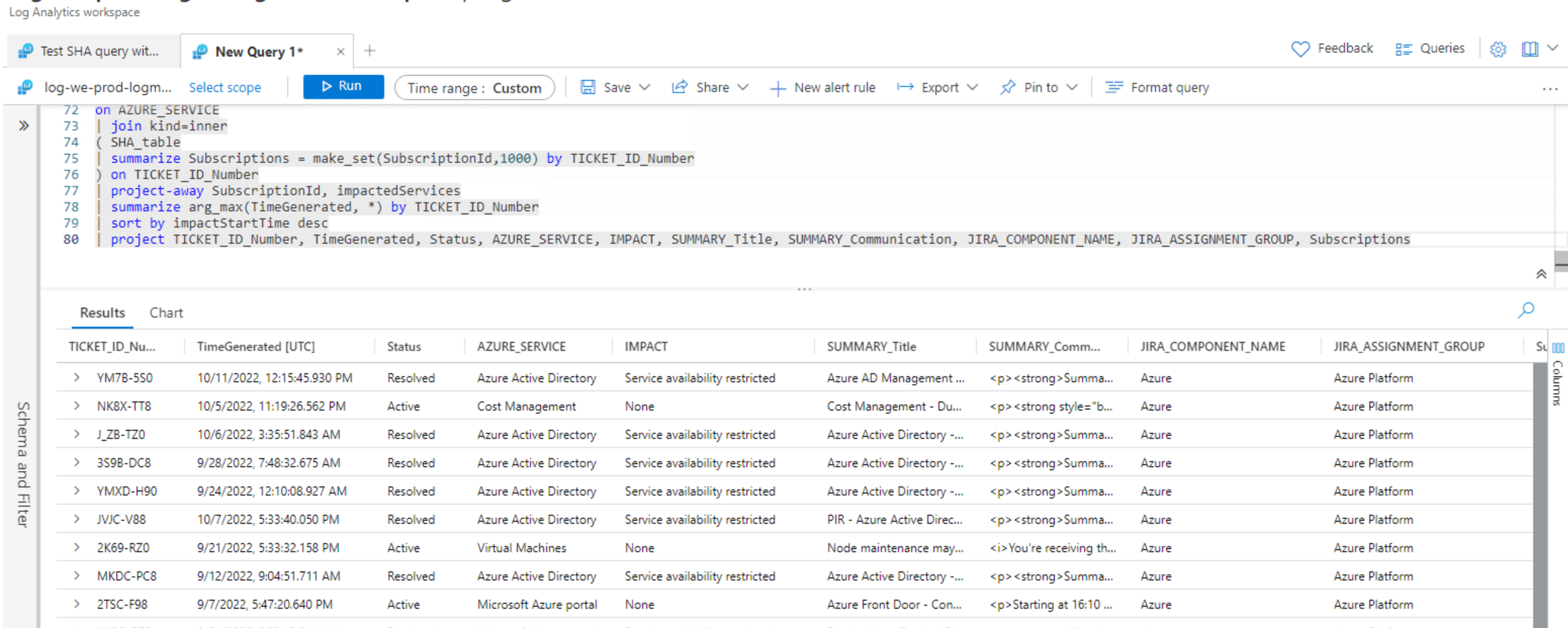 screenshot of the same Azure Service Health Alert Issue information stored in the Log Analytics Workspace