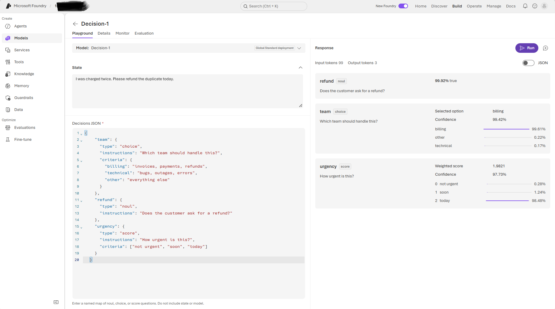 Microsoft-Decision-1 decision model running in Foundry