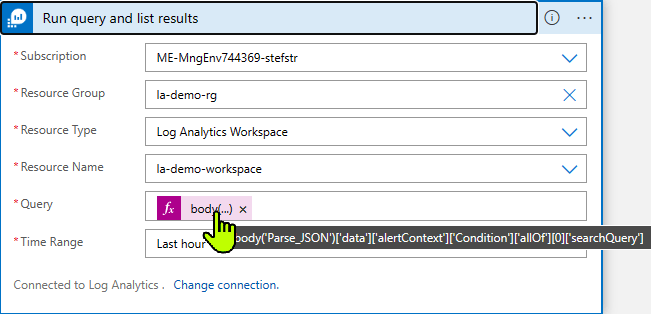 Run query and list results Logic App Connector configuration screenshot