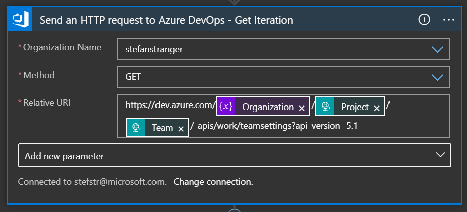 Screenshot Send an HTTP request to Azure DevOps to get Iteration