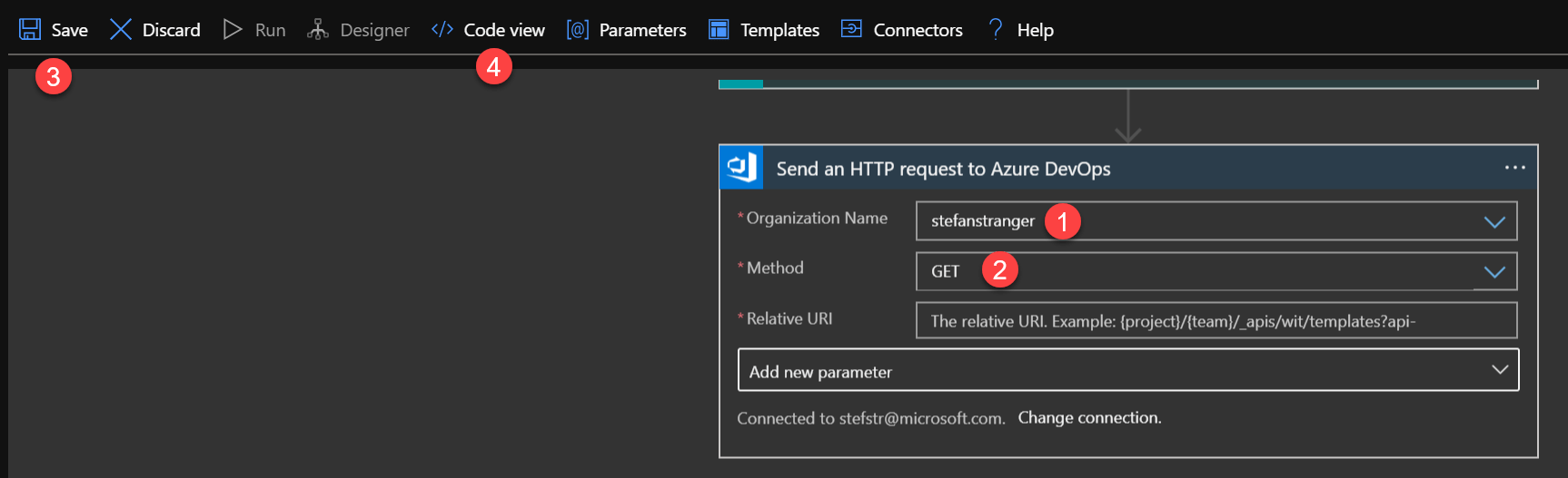 Screenshot to configure Send an HTTP request to Azure DevOps