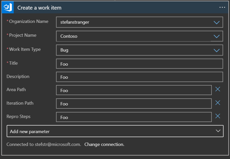 Screenshot of temp parameters for Create a Work Item Action