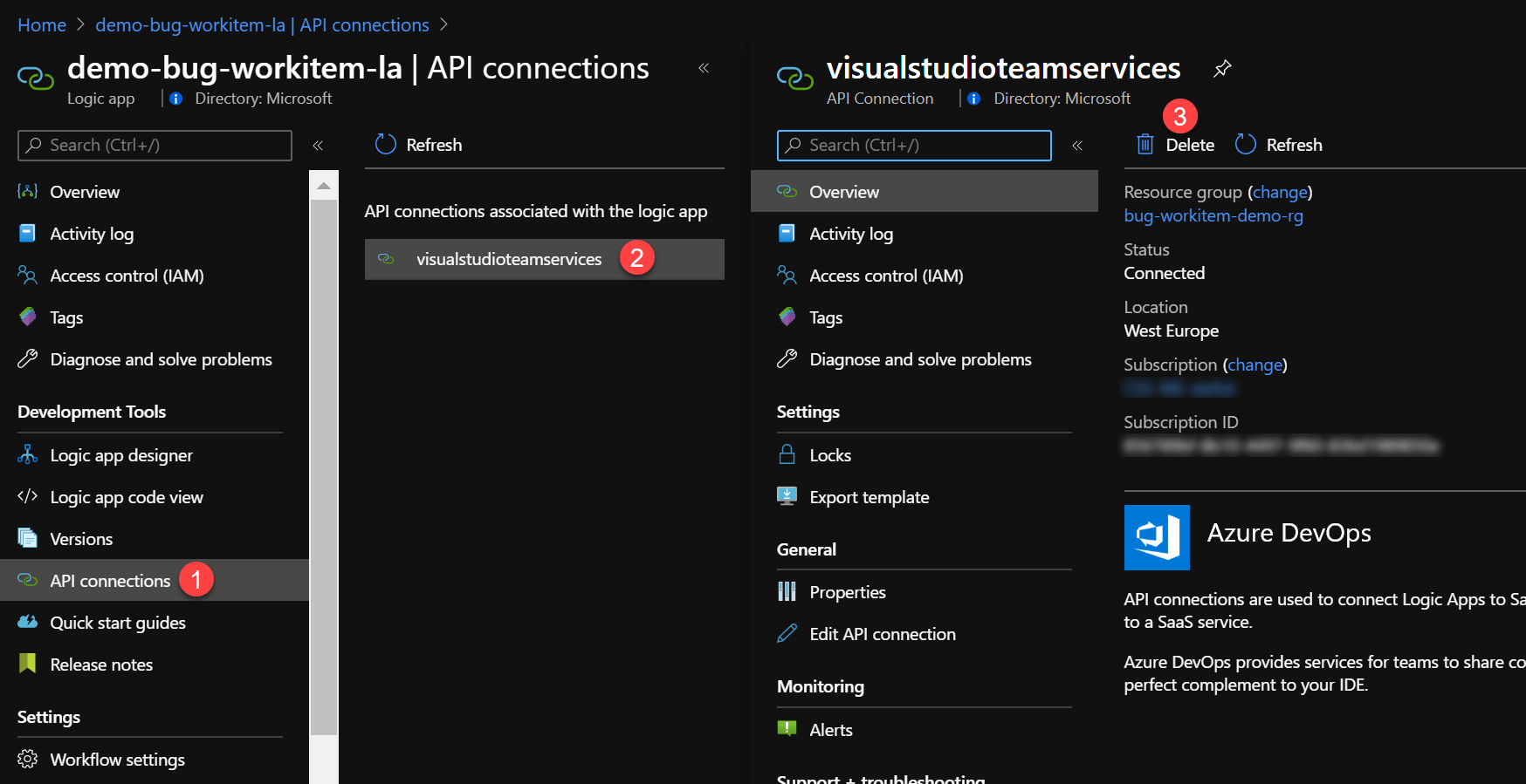 Screenshot of API Connection setting in Azure Portal