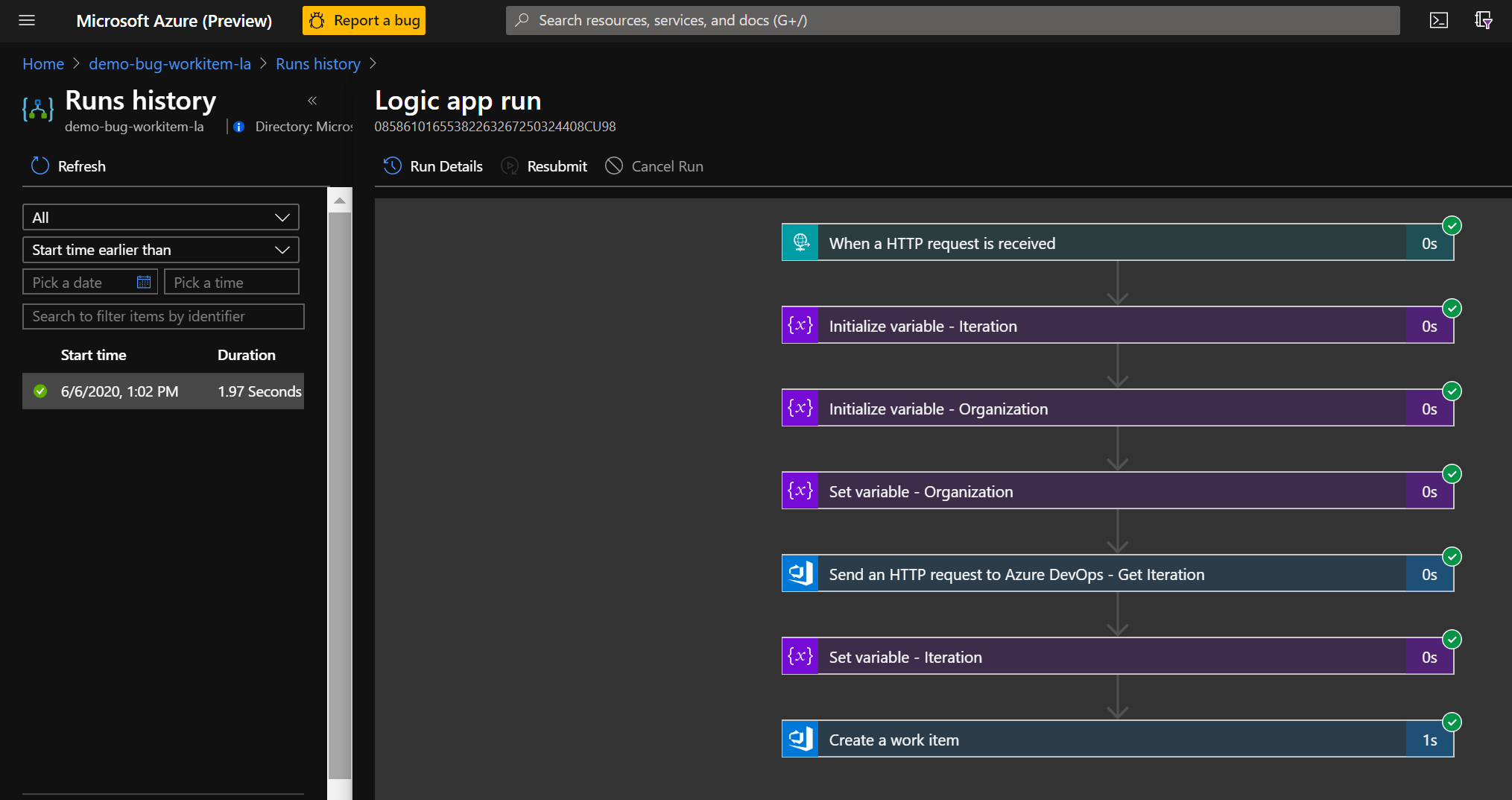 Screenshot of Logic App Runs History