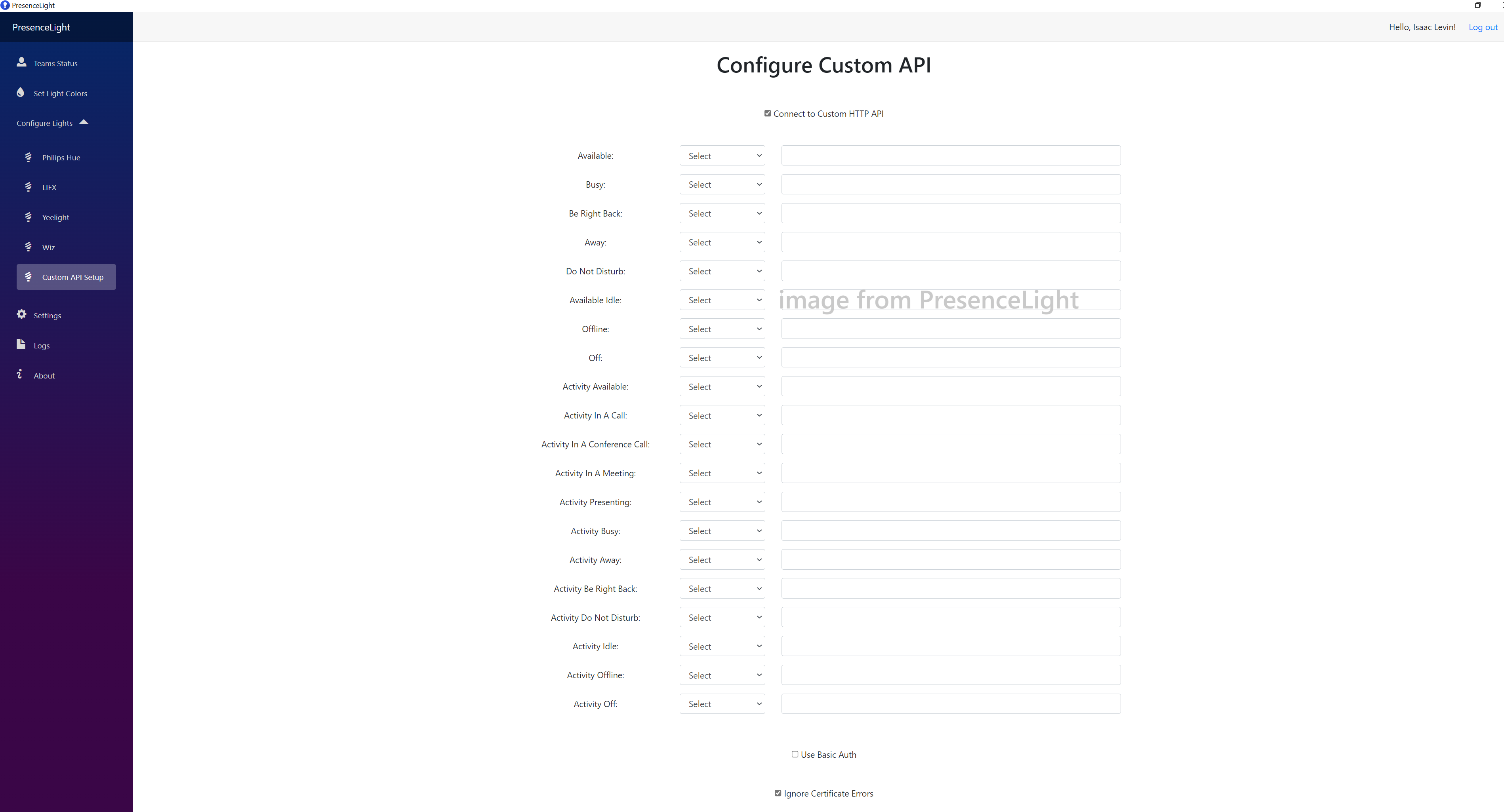 Image of configuration screen of Custom API settings from Presence Light without the option to provide a body