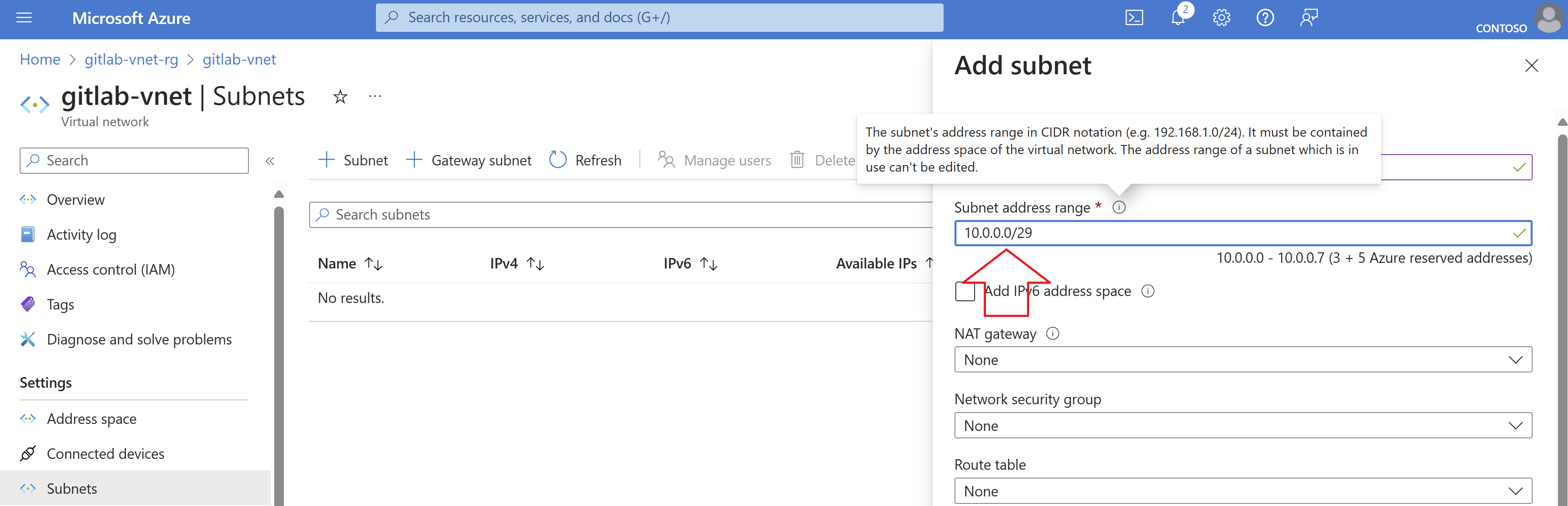 Screenshot of Azure Portal to create Azure Virtual Network Subnet