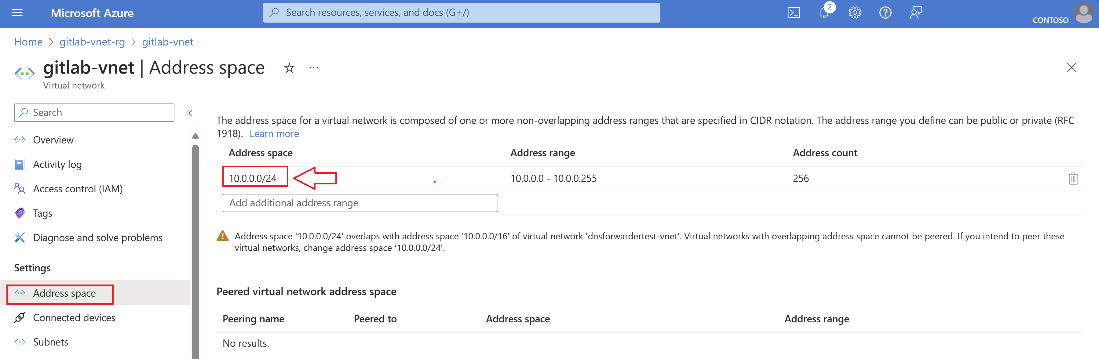 Screenshot of Azure Virtual Network Address space in the Azure Portal