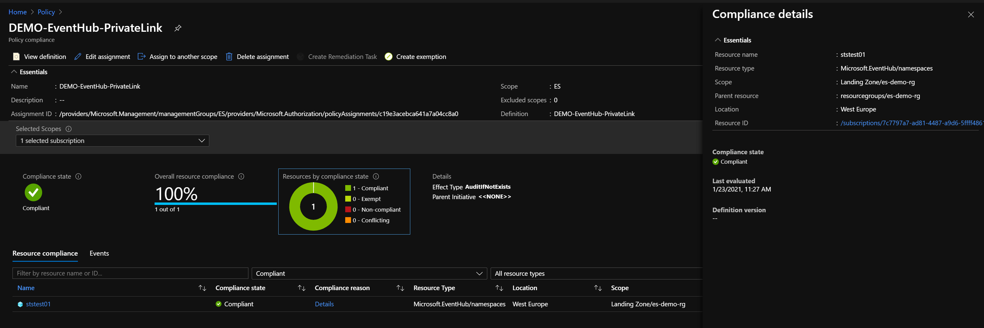 Screenshot of Azure Policy Compliance state in Azure Portal
