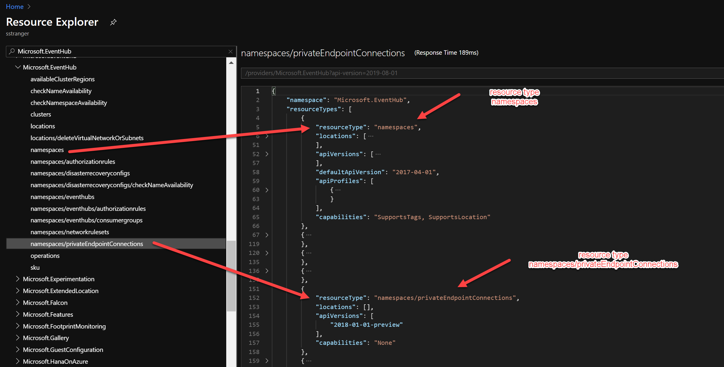 Screenshot over Azure Resource Explorer showing different resource types