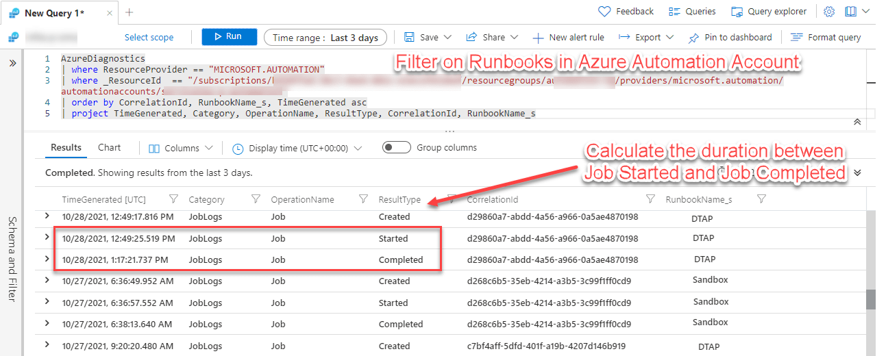 Log Analytics query to return Azure Automation Runbook Job information screenshot