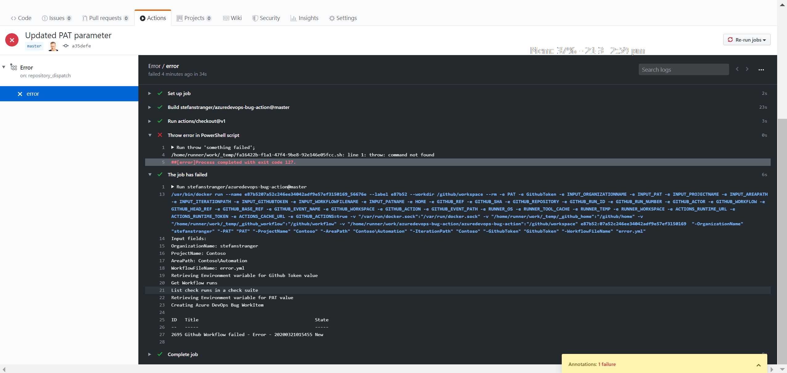Failed Workflow Screenshot